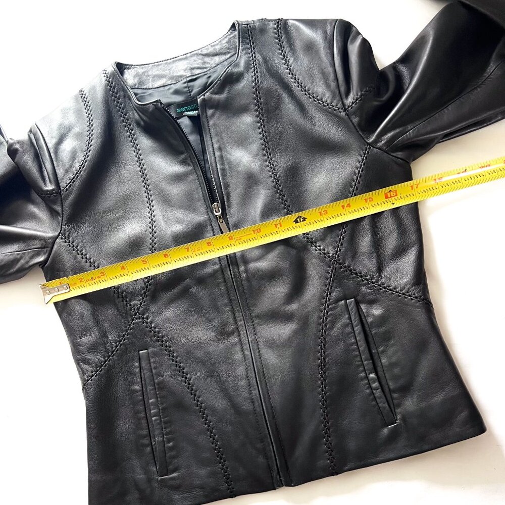 Siena Studio Black Leather Jacket Moto Biker Crop Collarless Seam Details SP - Picture 7 of 12